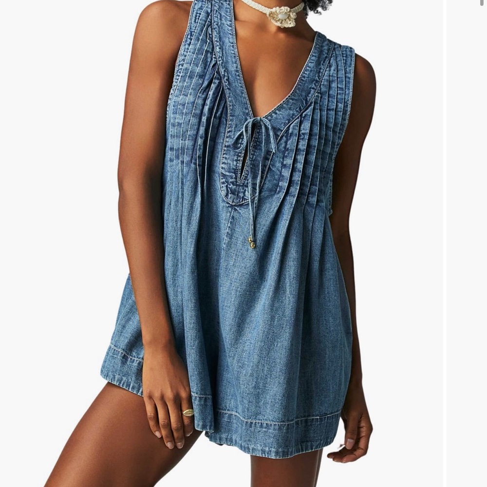 Free People Denim Blue Pleated V-Neck Romper